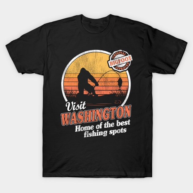 Funny Bigfoot Sasquatch Fishing Gift Vintage Visit Washington T-Shirt by Kuehni